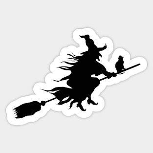 Silhouette of Witch and Cat Flying on Broomstick Sticker